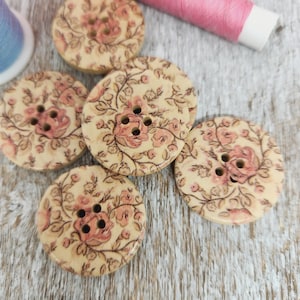 Flower print wooden  buttons, Wood buttons for womens coats, Buttons for sweaters,  30mm,  3cm, 1 1/8 inch, 4 holes, Sets of 5 or 10