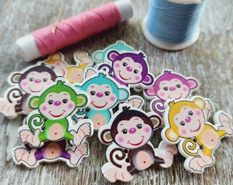 Monkey shaped buttons,  Animal critter, Painted buttons, Decorative novelty mixed buttons, 30mm, 1 1/8 inch, 2 holes, Set of 10