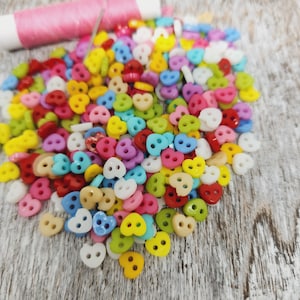 Tiny heart shaped buttons, Miniature buttons, Small doll buttons, Doll clothes buttons, Mixed colors, 6mm, 1/4", 2 holes, Sets of 50 or 100