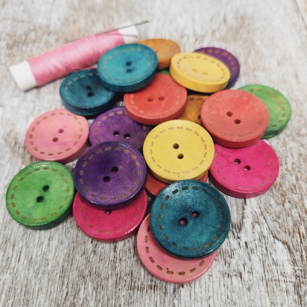 Colorful large wooden buttons, Big decorative Wood  buttons, Random mixed colors, Round, 25mm, 1 inch, 2 holes, Sets of 10 or 20