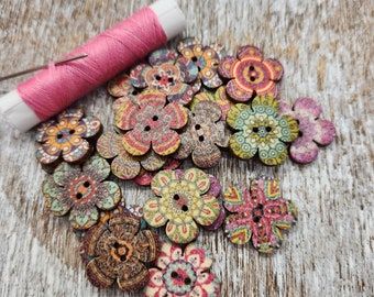 Colorful boho flowers, Wood buttons, Mixed flower shaped buttons, Novelty wooden buttons, Cute children buttons, 3/4", 20mm, Set of 10 or 20