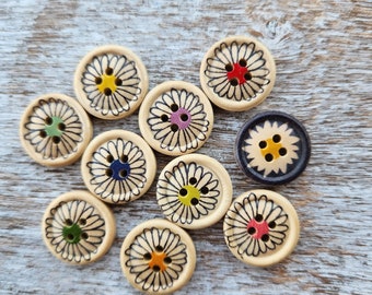 Daisy wooden buttons, Flower themed buttons, Novelty wood buttons, Decorative wooden buttons, 18mm, 3/4", 4 holes, Set of 10 or 20