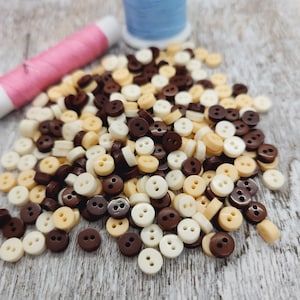 Mini buttons, Small doll buttons, Tiny buttons for knitting, Mixed random colors, Brown, beige, off white, 6mm, 1/4, 2 holes, Sets of 72 image 1