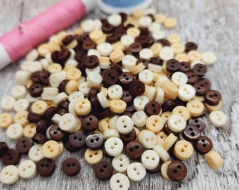 Mini buttons, Small doll buttons, Tiny buttons for knitting, Mixed random colors, Brown, beige, off white,  6mm, 1/4", 2 holes, Sets of 72