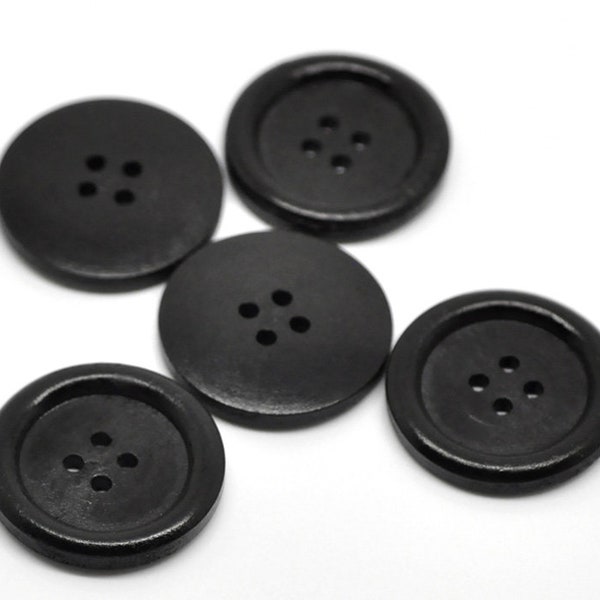 Large black wood buttons, Coat wooden buttons, Buttons for jackets and sweaters, 30mm, 3cm, 1 1/8", 4 holes, Set of 5 or 10