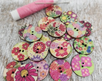 Floral retro boho style buttons, Mandala Design, Wooden buttons, Novelty buttons, 20mm,  3/4", 2 holes, Mixed set of 10 or 20