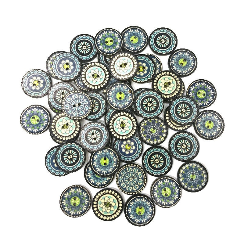 Blue Retro Novelty Buttons Mandala Design Decorative Wooden - Etsy