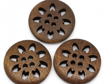 Carved Wooden buttons, Wood Coat buttons, Brown buttons for jackets, Round, 25mm, 1 inch, 4 holes, Set of  10 or 20