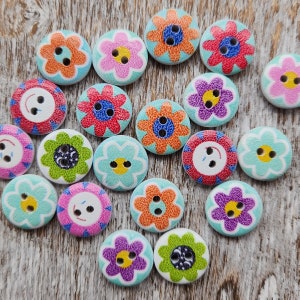 Colorful flower wood buttons, Novelty buttons, Baby sweater buttons, Cute children buttons, 15mm, 5/8", 2 holes, Set of 10, 20 or 50