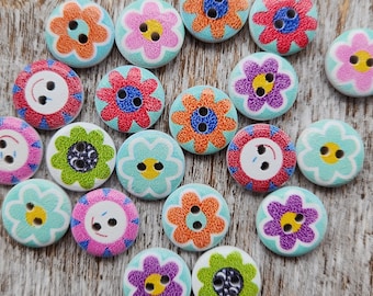 Colorful flower wood buttons, Novelty buttons, Baby sweater buttons, Cute children buttons, 15mm, 5/8", 2 holes, Set of 10, 20 or 50