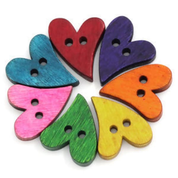 Heart shaped wooden buttons, Mixed colors wood buttons, Valentines day crafts, 20mm, 3/4" x 16mm 5/8", 2 holes, Set of 10 or 20