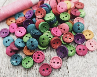 Tiny buttons, Doll clothes buttons, Baby sweater buttons, Colorful wooden buttons, 10mm, 3/8", 4 holes, Set of 10, 20, or 50