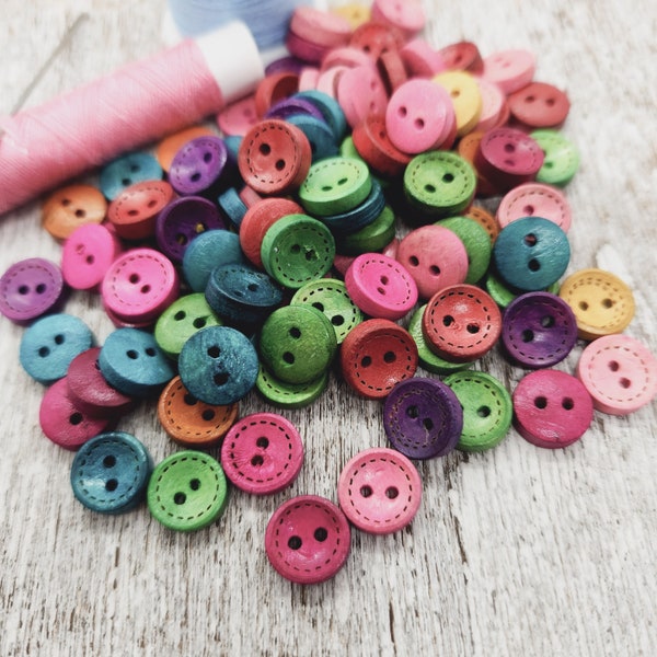 Tiny buttons, Doll clothes buttons, Baby sweater buttons, Colorful wooden buttons, 10mm, 3/8", 4 holes, Set of 10, 20, or 50