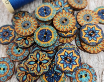 Turquoise and Yellow  Retro novelty buttons, Mandala Design, Boho style, Round 20mm,  3/4", 2 holes, Mixed set of 10, 20 or 50