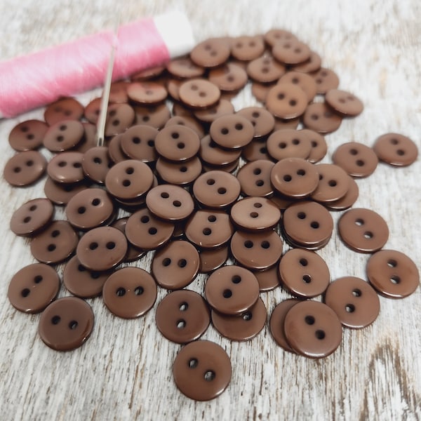 Small brown resin buttons, Buttons for baby sweaters, Doll clothes buttons, 10mm, 3/8", 2 holes, Flat back, Set of 20 or 50