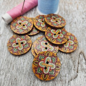 Bohemian style wood buttons, Mandala Design buttons, Retro Wooden buttons, Decorative wooden buttons, 25mm, 1, Sets of 10 or 20 image 2
