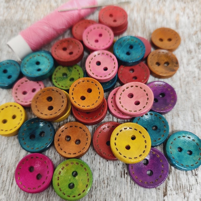Set of 50 or 100 colorful buttons, Cute children buttons, Baby sweater buttons, Wooden buttons for knitting, 15mm, 5/8, 2 holes image 1