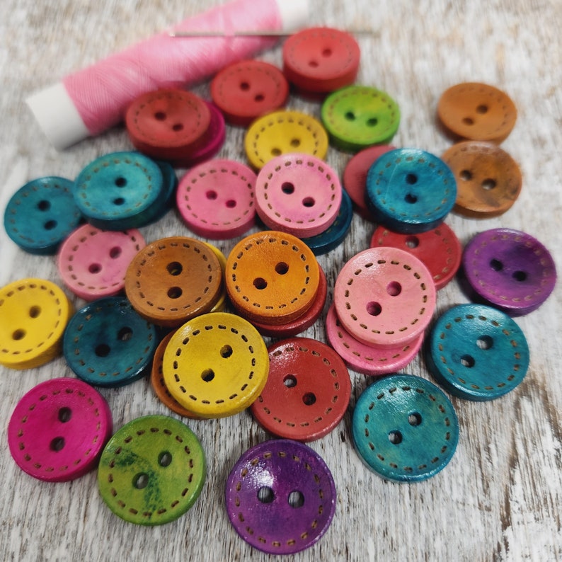 Set of 50 or 100 colorful buttons, Cute children buttons, Baby sweater buttons, Wooden buttons for knitting, 15mm, 5/8, 2 holes image 6