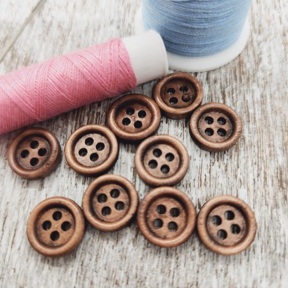 Brown Wood Buttons, Small Buttons for Doll Clothes, Baby Sweater Buttons,  Shirt Buttons, 11mm, 4 Holes, 7/16, Set of 10 or 20 