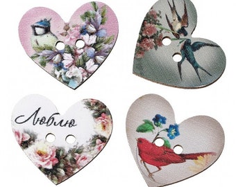 Heart shaped buttons, Floral patterned buttons, Shabby chic wooden buttons,  28mm x 25mm, 1 inch, Set of 10 or 20