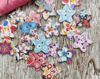 Colorful star shaped wood buttons, Sewing Wood buttons, Cute children button, Flat back, 15mm, 5/8", 2 holes, Sets of 10