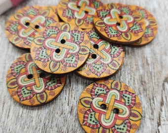 Bohemian style wood buttons, Mandala Design buttons, Retro Wooden buttons, Decorative wooden buttons, 25mm,  1", Sets of 10 or 20