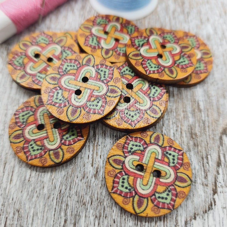 Bohemian style wood buttons, Mandala Design buttons, Retro Wooden buttons, Decorative wooden buttons, 25mm, 1, Sets of 10 or 20 image 1