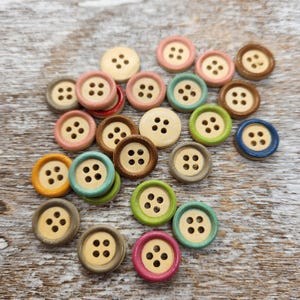 Wood buttons with colorful rims, Wooden buttons, Painted rim, Cute children buttons,  15mm, 5/8&quot;, Flat back, Set of 10, 20 or 50