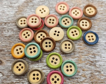 Wood buttons with colorful rims, Wooden buttons, Painted rim,   15mm, 5/8", Flat back, Set of 10, 20 or 50