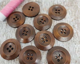 Winter Coat buttons, Wood buttons for knitting and sewing, Wooden buttons for jackets, Brown, Round, 25mm, 1 inch, 4 holes, Set of  10 or 20