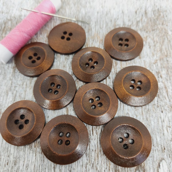 Winter Coat buttons, Wood buttons for knitting and sewing, Wooden buttons for jackets, Brown, Round, 25mm, 1 inch, 4 holes, Set of  10 or 20