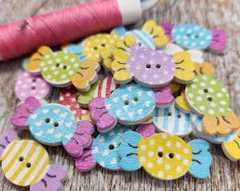 Cute candy shaped buttons, Children wooden buttons, Novelty buttons, Decorative, Mixed colors, 15mm, 5/8" x 1/2",  2 holes, Set of 10 or 20