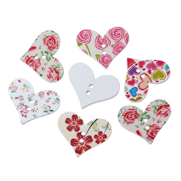Heart shaped wood buttons, Novelty wooden buttons, Decorative mixed buttons, 30mm, 1 1/8" x 23mm 7/8", 2 holes, Set of 10 or 20