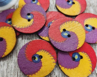 Colorful boho buttons, Mandala Design buttons, Retro Wood buttons, Bohemian style, Round 25mm,  1", 2 holes, Sets of  10 or 20