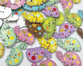 Turtle shaped buttons, Tortoise wood buttons, Animal critter, Painted buttons, Decorative mixed buttons, 25mm, 1", 2 holes, Set of 10
