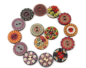 Retro mandala Wood buttons, Buttons for knitting, Boho wooden buttons, Bohemian style, 20mm,  3/4", 2 holes, Mixed set of 10 or 20