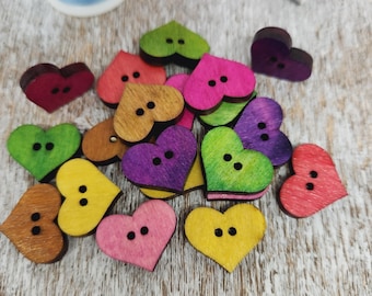 Valentine's day crafts, Heart shaped wooden buttons, Assorted colors wood buttons, 20mm, 3/4" x 16mm 5/8", 2 holes, Set of 10 or 20