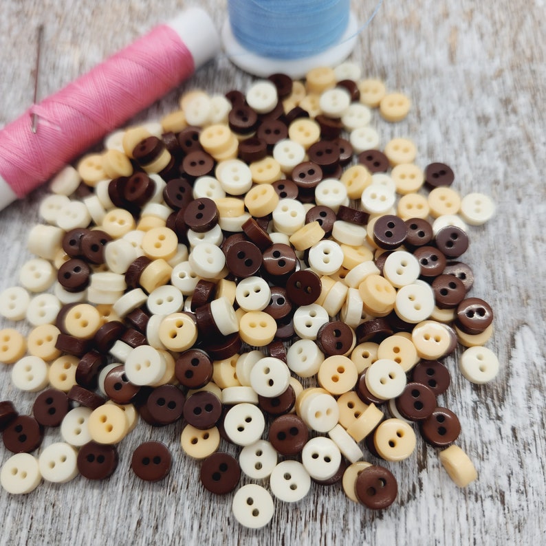 Mini buttons, Small doll buttons, Tiny buttons for knitting, Mixed random colors, Brown, beige, off white, 6mm, 1/4, 2 holes, Sets of 72 image 2