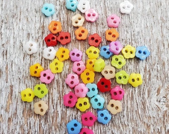 Mini flower shaped buttons,  Tiny buttons for dolls, Doll clothes buttons, Mixed colors, 6mm, 1/4", 2 holes, Set of 50 or 100