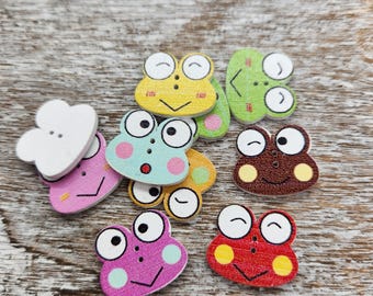 Cute buttons, Frog shaped wooden buttons, Painted wood buttons, 21mm (7/8")x 18mm (6/8"), 2 holes, Set of 10