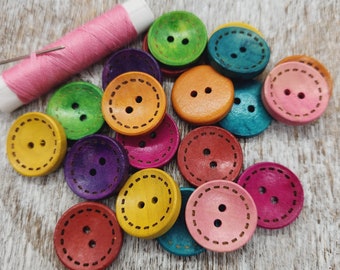 Colorful  wooden buttons, Coat Wood buttons, Sewing, Round, 20mm,  2cm, 3/4", 2 holes, Sets of 10, 20 or 50