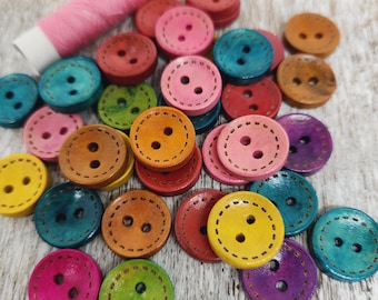 Cute children buttons, Baby sweater buttons, Colorful Wooden button, Round, 15mm, 1.5cm wood buttons,  5/8", 2 holes, Set of 10 or 20