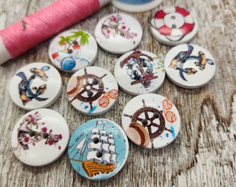 Sea themed Wood buttons, Sailing novelty buttons, Nautical pattern, Decorative wooden buttons, Mixed , 20mm, 3/4", 2 holes, Set of 10