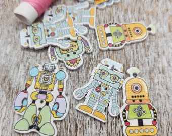 Fun robot buttons, Novelty wood buttons, Wooden buttons for crafts, Birthday party decor,  2 holes, Set of 10