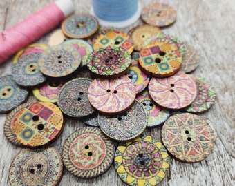 Retro Wood buttons for sewing, Mandala Design, Decorative wooden buttons, Bohemian style, 20mm,  3/4", 2 holes, Mixed set of 10 or 20