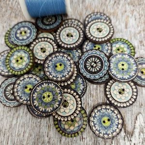 Blue Retro novelty buttons, Mandala Design, Decorative wooden buttons,  Boho style, Round 20mm,  3/4", 2 holes, Mixed set of 10 or 20