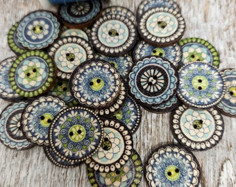 Blue Retro novelty buttons, Mandala Design, Decorative wooden buttons,  Boho style, Round 20mm,  3/4", 2 holes, Mixed set of 10 or 20
