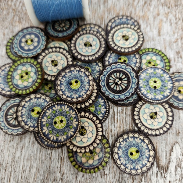 Blue Retro novelty buttons, Mandala Design, Decorative wooden buttons,  Boho style, Round 20mm,  3/4", 2 holes, Mixed set of 10 or 20