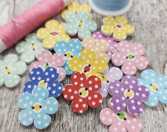 Cute flower wood buttons, Flower shaped buttons, Novelty wooden buttons, Children buttons, Polka dots, 20mm, 3/4", 2 holes, Set of 10 or 20