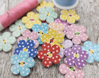 Cute flower wood buttons,  Novelty wooden buttons, Children buttons, Polka dots, 20mm, 3/4", 2 holes, Set of 10 or 20